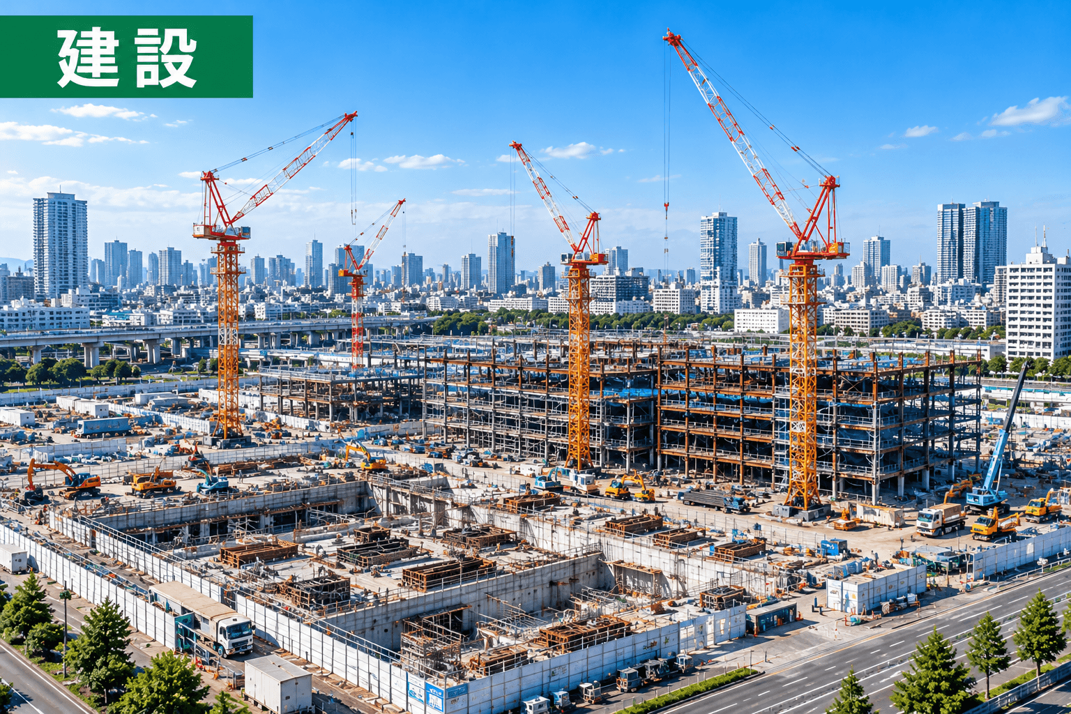 建物と建設現場を上空から見るドローン活用イメージ