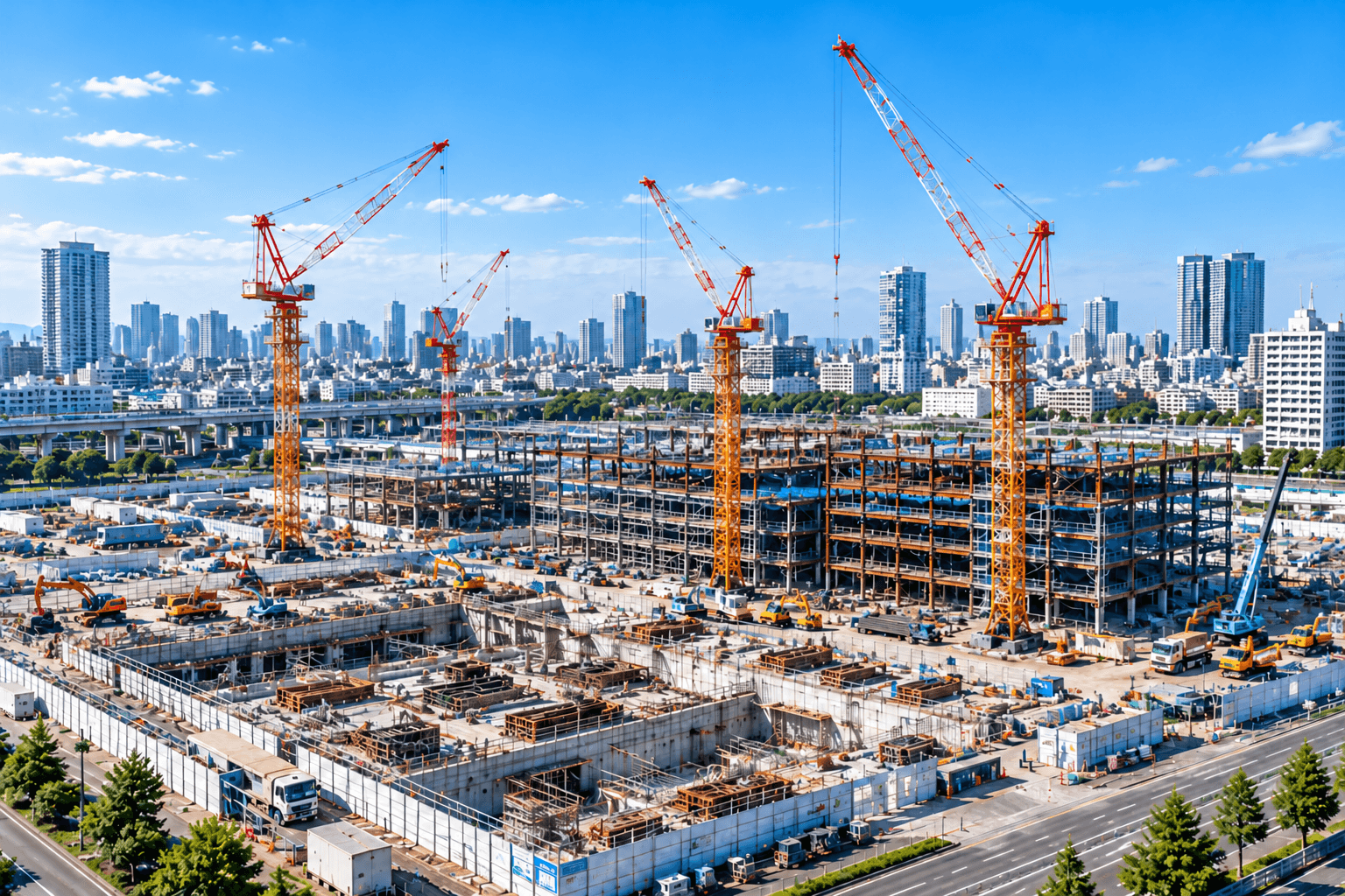 建物と建設現場を上空から見るドローン活用イメージ