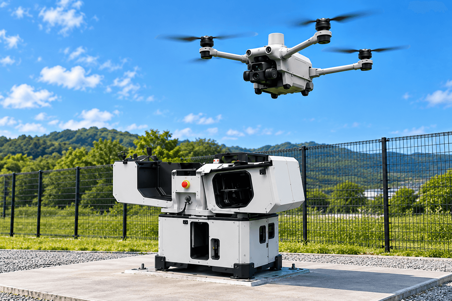 地上のDJI Dock 3と、その上空を飛ぶ対応ドローンの生成イメージ